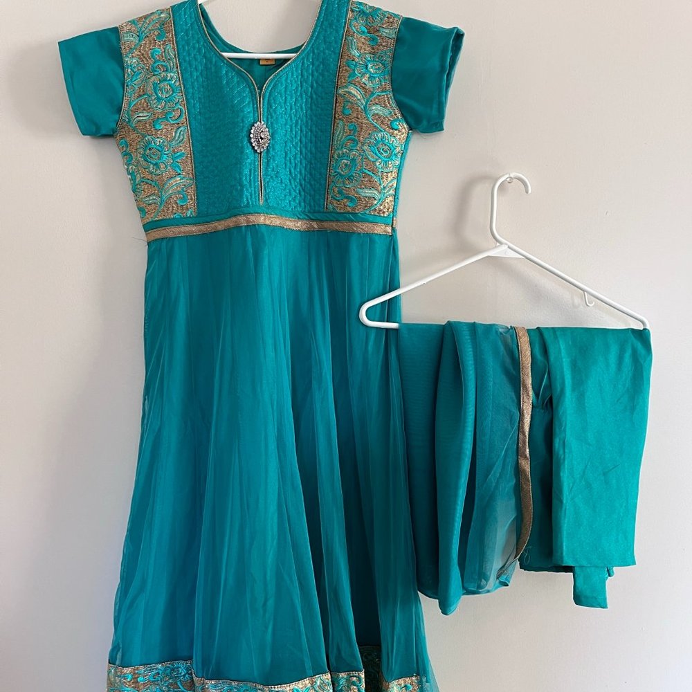Turquoise Anarkali Style Salwar With Gold Border